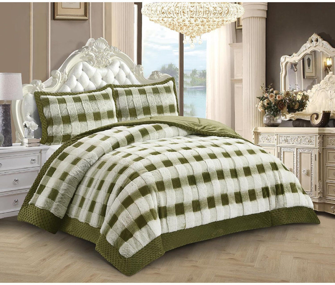 PRiME Microfiber Chequered Bedspread Green Super King Bedspread + 2 King Pillowcases