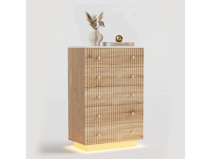EuroLiving Kommode 5 Schubladen, Holz natur, Led, leise Schubladen, Metallführungen, Anti-Kipp, Naturfarben, 73x111x40 cm, Kleinmöbel, Kommoden, Kommoden