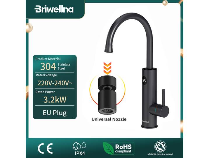Briwellna robinet de chauffage instantané d'eau chaude 220V robinet électrique avec buse d'adaptation universelle robinet de chauffage en acier inoxydable