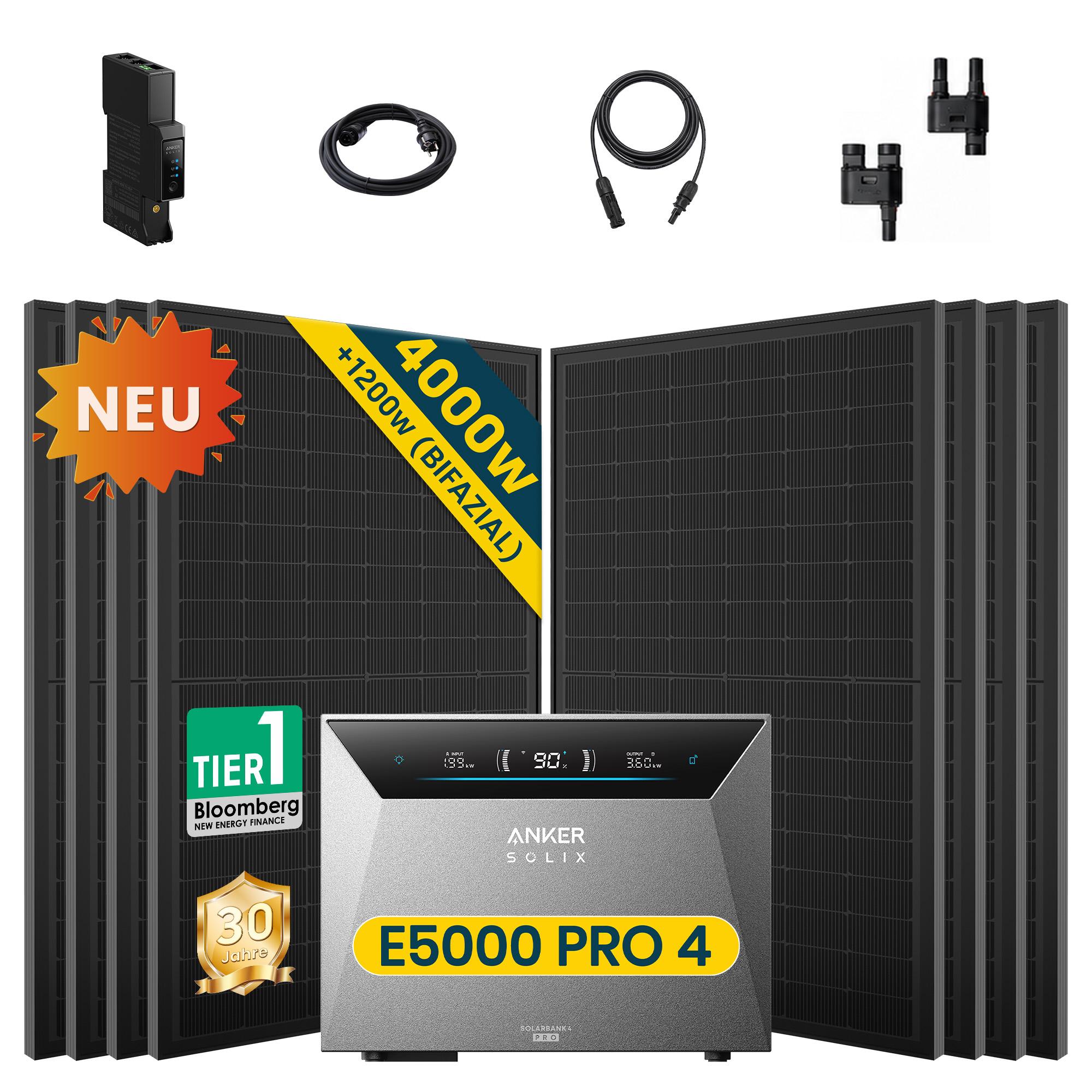 Balkonkraftwerk 4000W (8x500W) mit Anker Solix Solarbank 4 E5000 Pro, ohne Halterung