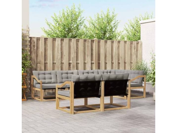 RJPLMFV Ecksofa für den Außenbereich, 7-teilig, Akazienholz, Weiß, Grau Modular, Kissen aus Textilene, wasserdicht, Rückenlehne, pflegeleicht