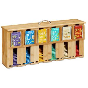 Relaxdays Teebox 10048538, für Teebeutel, natur, aus Bambus, mit abnehmbarem Deckel, 46,5 x 10,5 x 22 cm, 6 Fächer