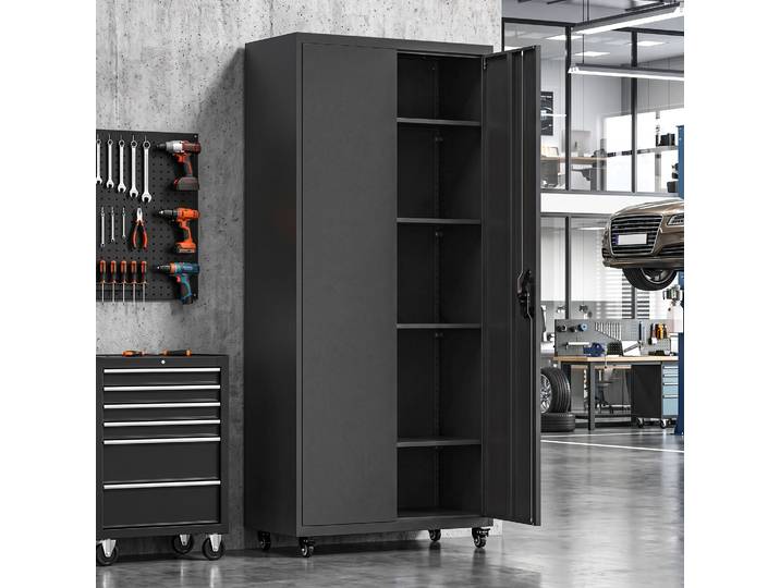 HOMCOM Armoire Métal 180cm Serrure Roulettes Noir