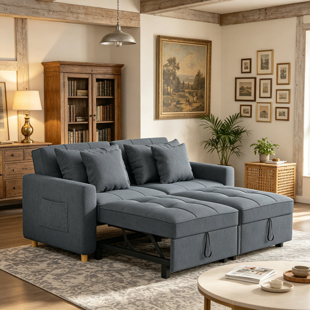 Zipcode Design Borchert 2 Seater Fabric Sofa Bed Dark Grey Linen 90cm H X 167cm W X 90cm D