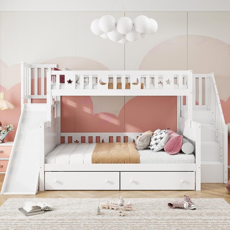 Kinder Etagenbett 90x200 oben 140x200 unten, Massivholz Etagenbett mit Rutsche, Regal, 2 Schubladen und Lattenrost, weiß