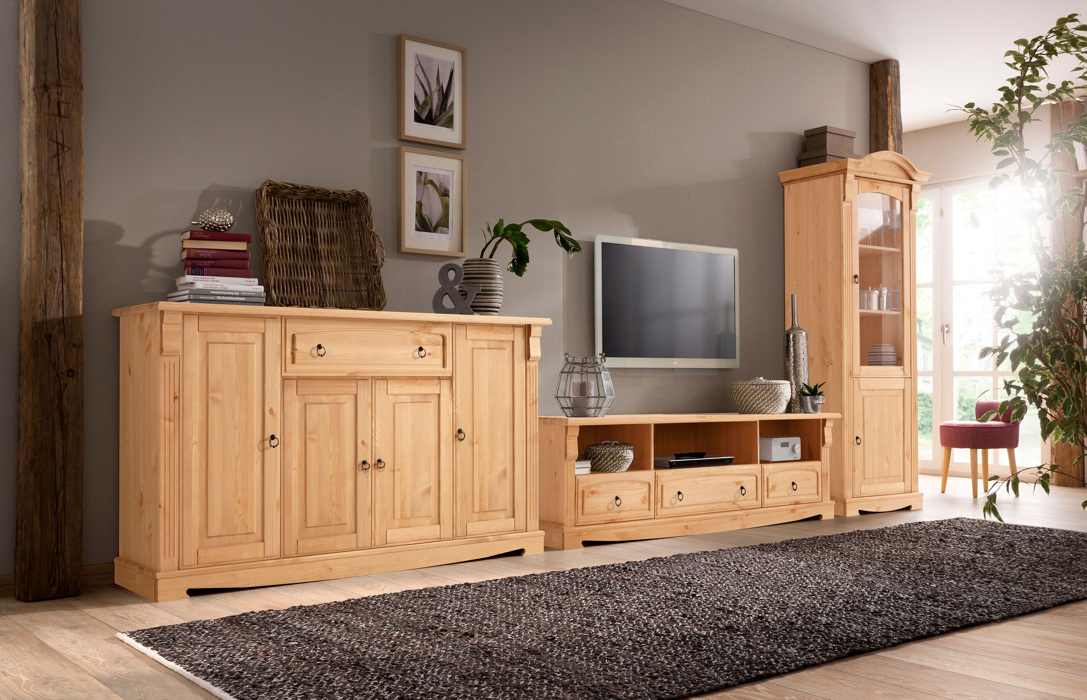 Vitrine GOODPRODUCT "Anna, Standvitrine, Vitrinenschrank, Glasvitrine", beige (natur), B:66cm, Schränke, Vitrine, mit Glastür, Höhe 188 cm, Massivholz, mit Zierfräsungen, FSC natur B/H/T: 66cm