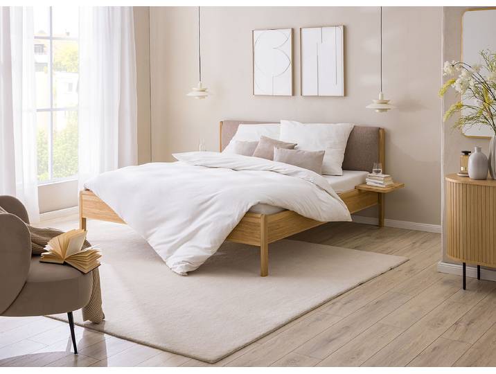 Massivholzbett NARRO 200 x 200cm Webstoff Holz/Braun/Taupe Wildeiche
