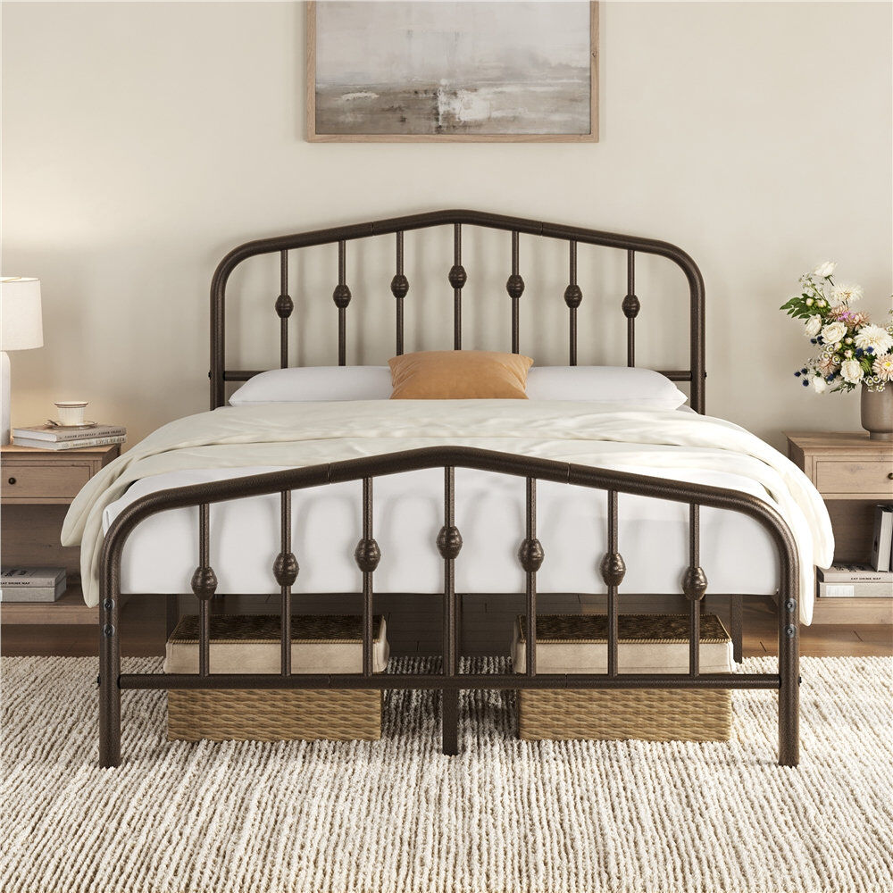 Yaheetech Metal Bed with Arched Headboard and Footboard Bronze Double (4'6)