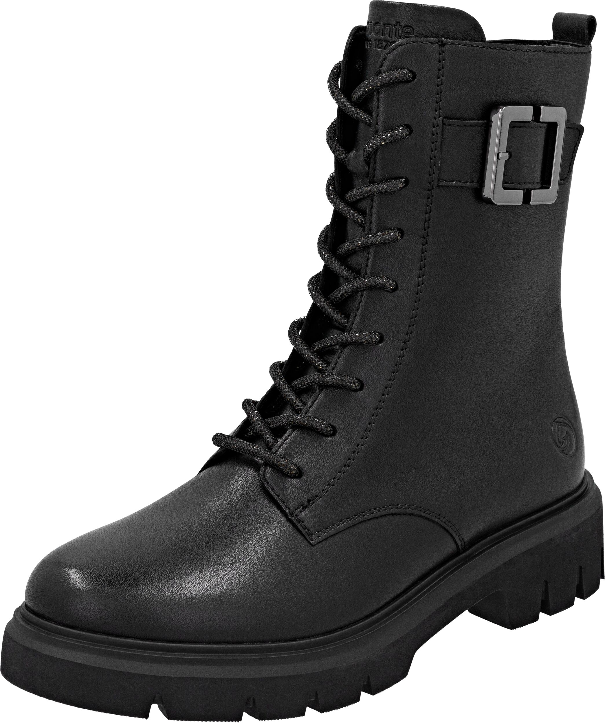 Schnürboots REMONTE, Damen, Gr. 45, wärmend, schwarz, Leder, unifarben, Basic, Schuhe Schnürboots, Stiefelette, Boots, Profilsohle, Blockabsatz mit Zierschnalle schwarz 45, wärmend