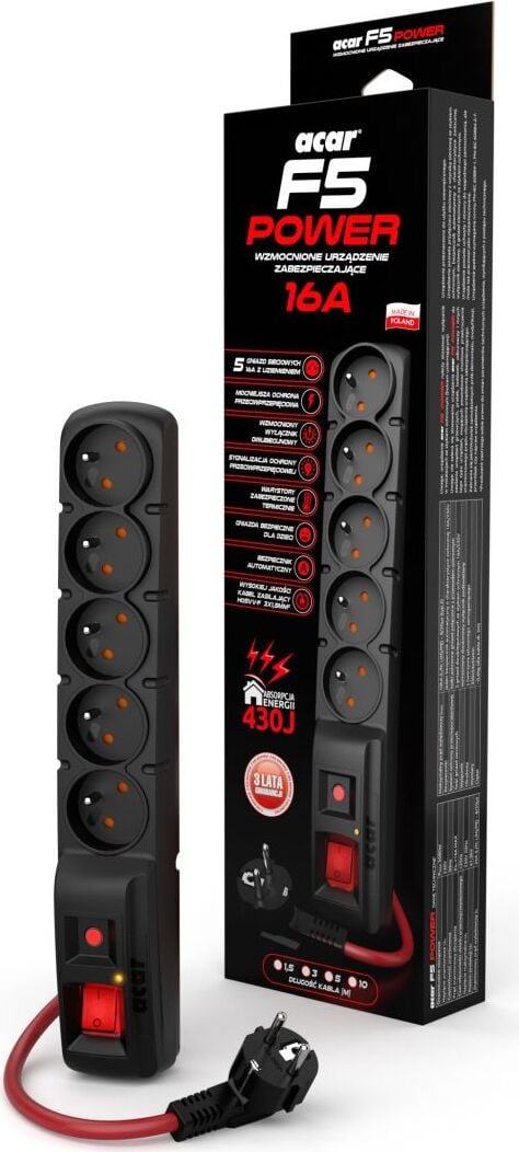 Acar F5 Power stekkerdoos met 5 stopcontacten, Type C, 230 V, 3680 W, 16 A