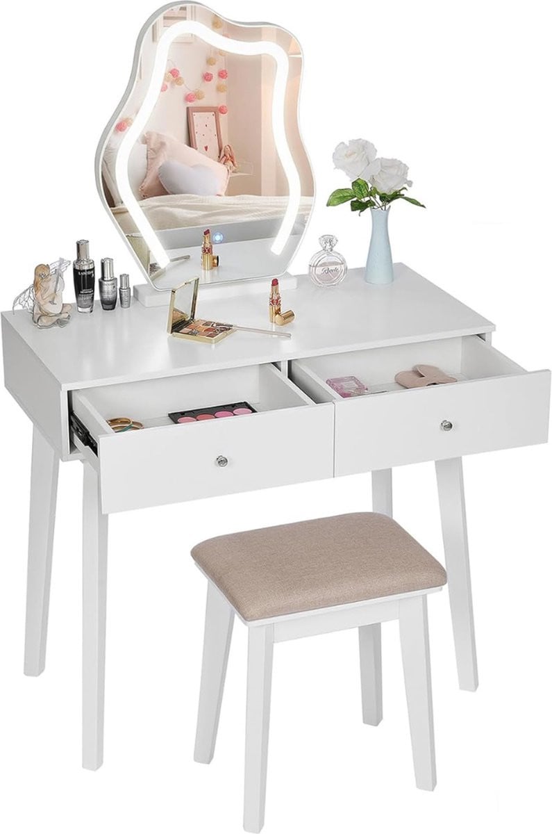 VELTRR Kaptafel met Hollywood Spiegel en Verlichting - Wit Hout