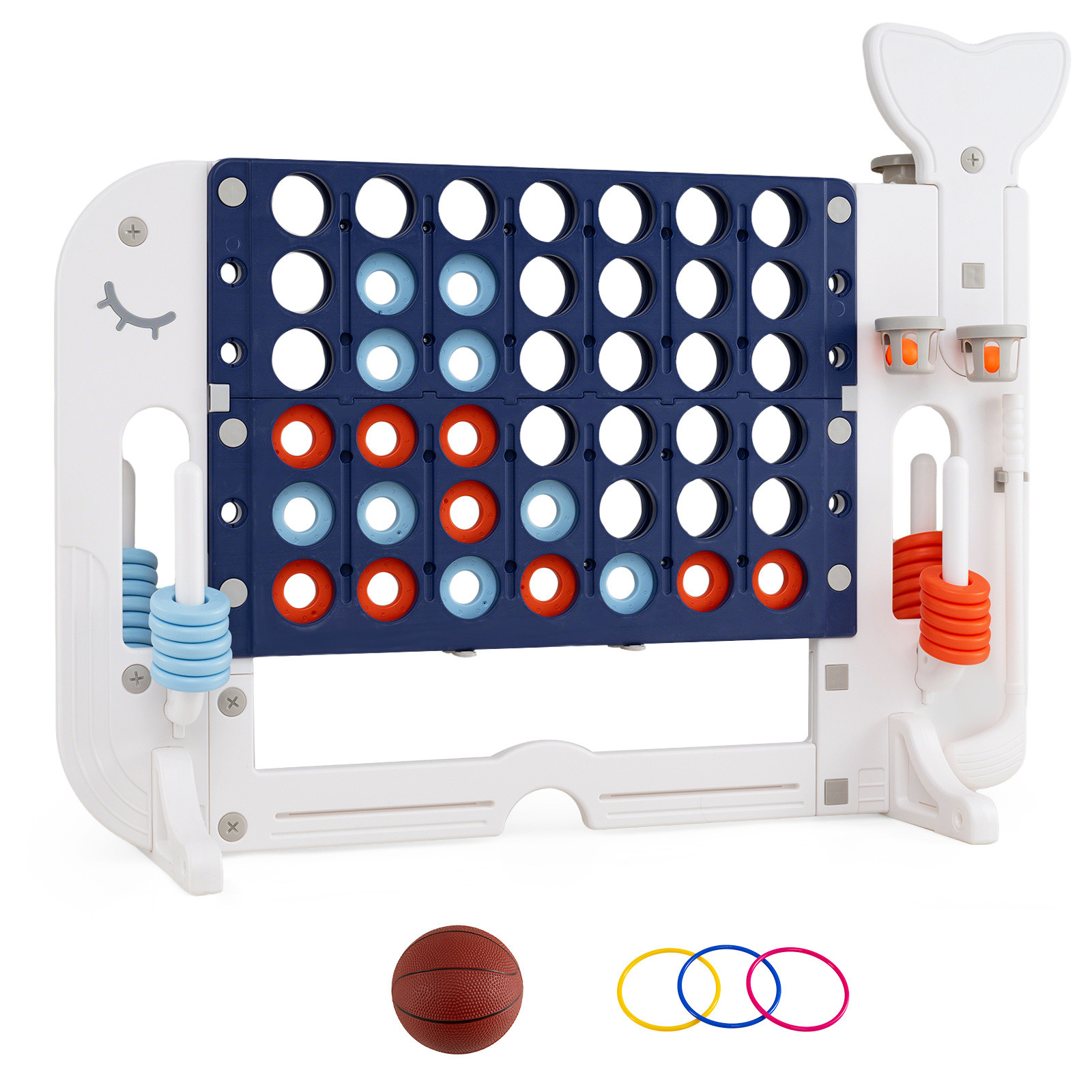 Costway 4-in-1 Spelset met Vier op een rij, Basketbalring, Ringwerpen en Minigolf in Marineblauw