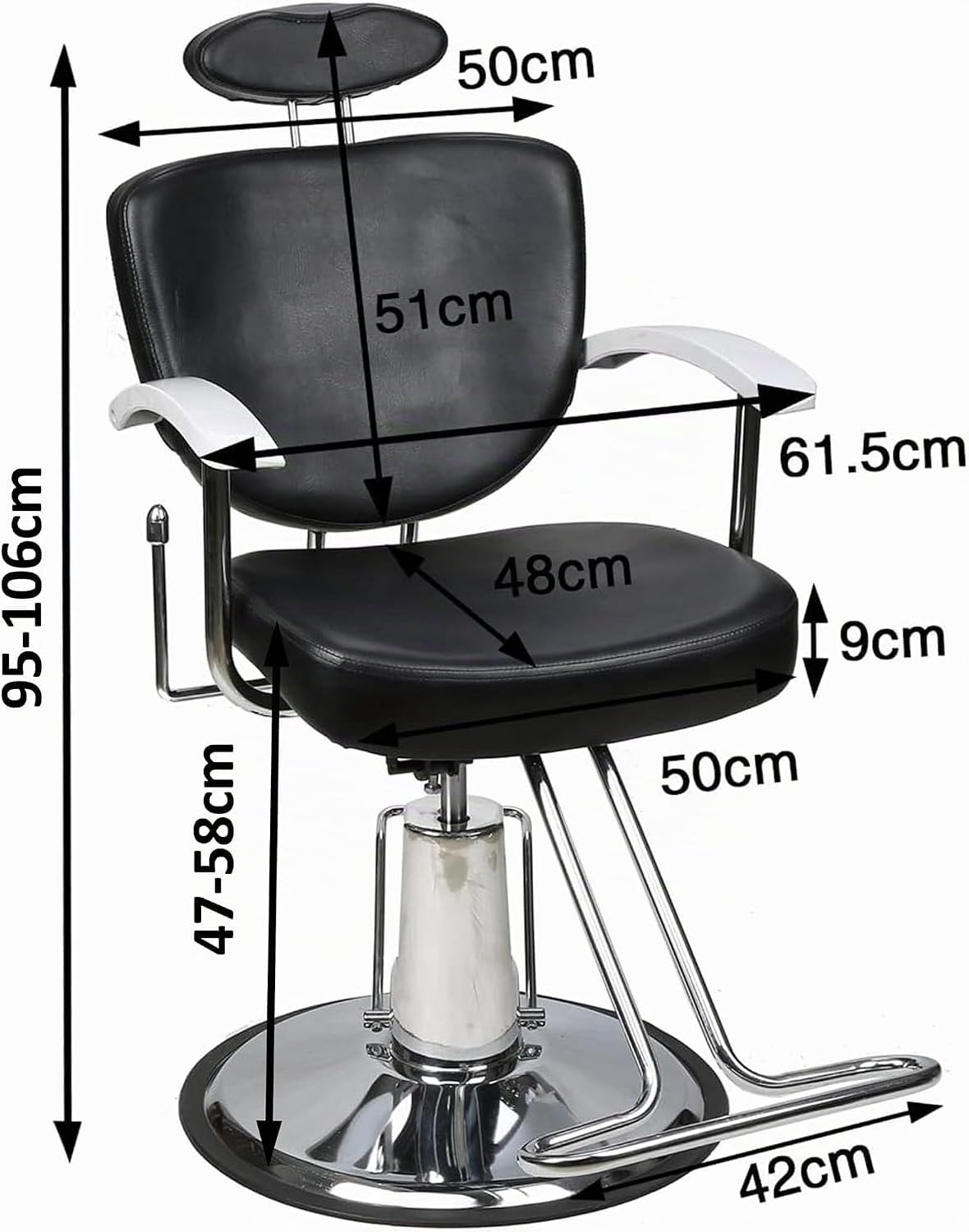 Professionele Hydraulische Kappersstoel met Verstelbare Rugleuning en Hoofdsteun – Zwarte Barberstoel – B/D/H: 75 x 62 x 95 cm