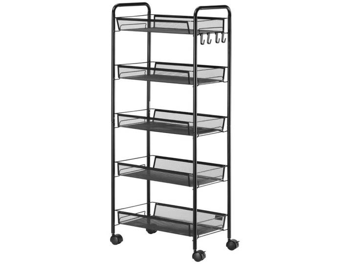 ComfortXL Servierwagen De-41471 45/26,5/106 cm, 5 Drahtkörbe und 4 Haken Schwarz, Metall, 45x106x26.5 cm, Esszimmer, Servierwagen