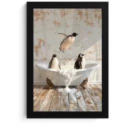 POSTER MIT RAHMEN Vintage - Pinguin - Badewanne - Schaumstoff Poster 20x30 cm