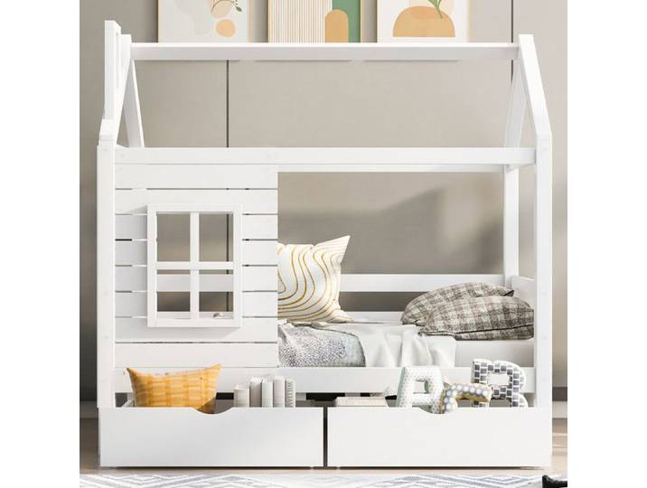 Lit d'enfant en bois massif - 80x160 cm - Blanc - Pin massif - Protection contre les chutes - Fenêtres décoratives
