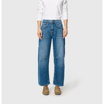 5-Pocket-Jeans MAC "OHIO Barrel", Damen, Gr. 42, N-Gr, blau (mid blau use wash), Denim/Jeans, Obermaterial: 99% Baumwolle, 1% Elasthan, bequem knöchellang, Jeans 5-Pocket-Jeans, Barrel Fit, Naht-Detail auf Kniehöhe