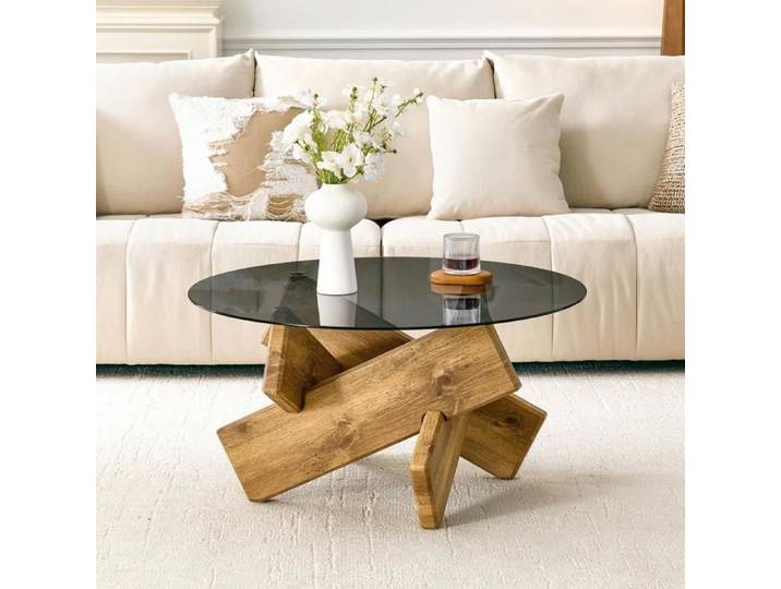 Table Basse Ronde Pieds en Croix Créatifs Plateau en Verre Trempé Table de Salon Moderne 79cm Table d'appoint Pour Salon