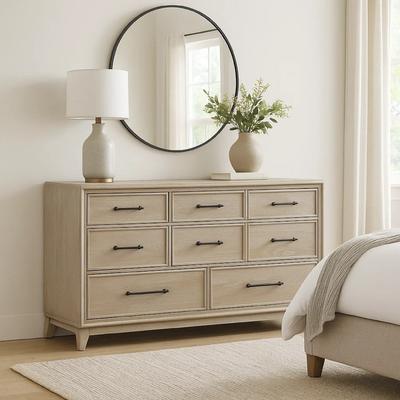 Benjara Myna 64 Inch Wide Dresser, 8 Drawers, White Oak Veneer, Solid Wood