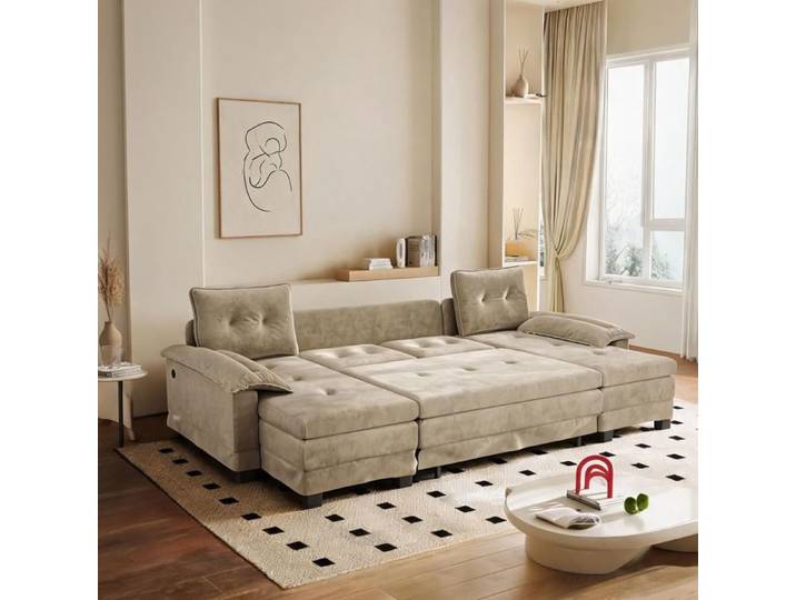 Canapé modulaire convertible en lit pour salon forme U design moderne revêtement en chenille