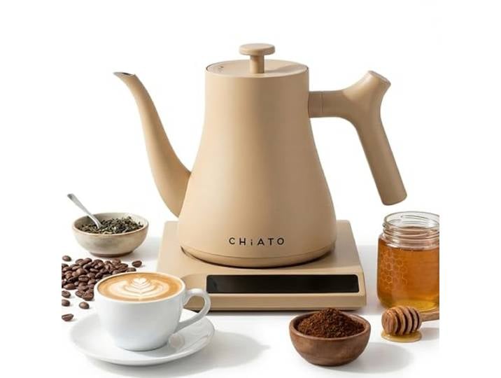 Bouilloire électrique CHiATO flowPLAY\, température réglable\, 0\,6 L - Petite bouilloire en acier inoxydable avec fonction maintien au chaud\, mini bouilloire numérique\, compacte et moderne (Beige)