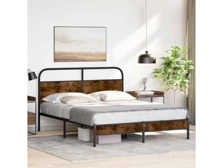Stahl Konstruktion Robust Schlafzimmer Klassisch Design 160 x 200 cm Braun Bettgestell ohne Matratze 160x200 cm Räuchereiche Holzwerkstoff mit Kopfteil Metall Lattenrost Stabil Stahlrahmen