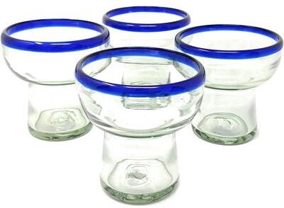 Dos Suenos Dos Sueños Mexican Hand Blown Glass – Set of 4 Hand Blown Stemless Blue Rim Margarita Glasses (14oz)