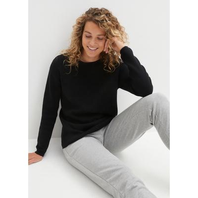 Strickpullover BONPRIX "Milano Rib Pullover mit Rundhals", Damen, Gr. 48/50 (XL), schwarz, Rippstrick, Obermaterial: 50% Baumwolle, 50% Polyacryl, unifarben, bequem hüftbedeckend, Rundhals, Strickbündchen, Pullover Strickpullover, aus Milano-Strick...
