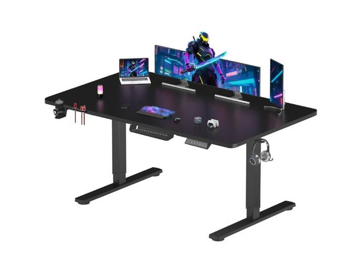 SANODESK Bureau Gaming Réglable en Hauteur 200x80 cm Bureau Assis Debout Table Gamer Électrique Contrôle avec Crochet Noir