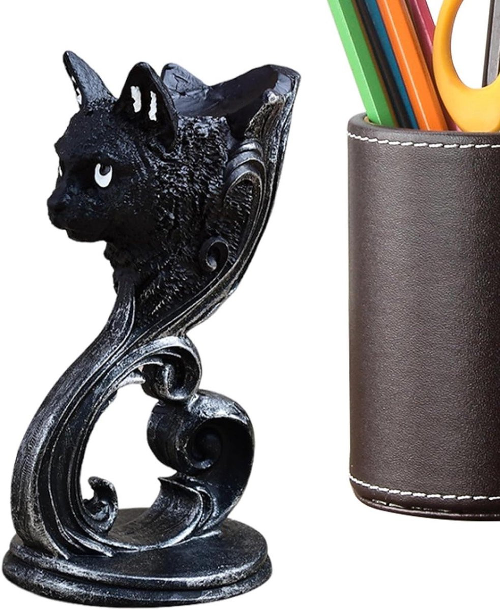 Zwart Kat Beeldje Kitten Sculptuur met Balhouder, Hoogte: 113 cm