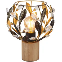 Tischlampe Wohnzimmer Tischleuchte Kristalle Nachttischlampe goldfarben, Holz Acryl, 1x E27 Fassung, DxH 20x25 cm