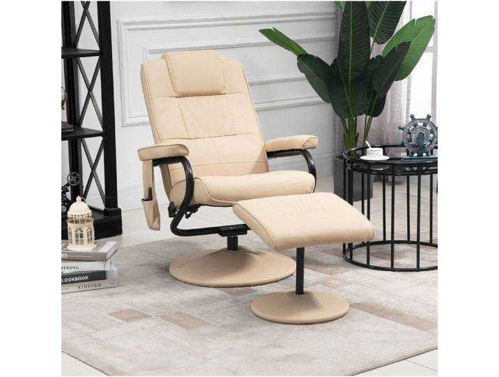 VUENOR Fauteuil de relaxation massant avec pouf blanc crème dossier inclinable 360°