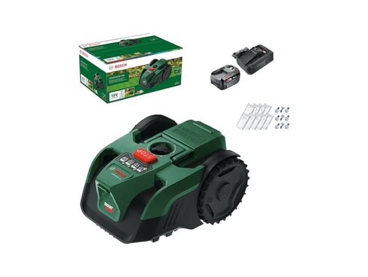 Bosch Tondeuse Robot sans-Fil VISIMOW18V-100 pour pelouses jusqu’à 100 m²\, largeur de coupe: 16 cm\, h. de coupe: 20-60 mm\, avec lames de rechange\, batterie et chargeur