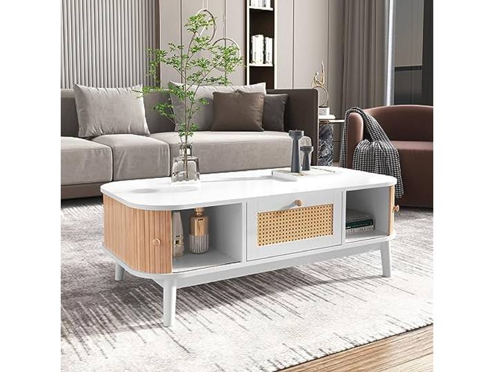 Merax Couchtisch, Moderner Kaffeetisch mit Schubladen und Schiebetüren aus Massivholzplatten, Wohnzimmertisch mit Stauräume, Multifunktionaler Beistelltisch Sofatisch, Landhausstil, Natur & Weiß