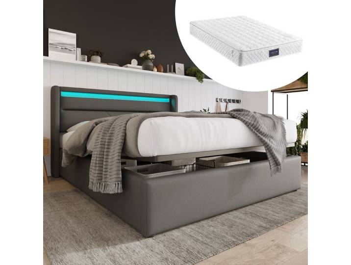 Structure de lit Nouveau Premium sense lit de rangement hydraulique avec bande lumineuse LED cadre de lit double lit rembourré