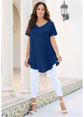 Plus Size Women's Plus Size Ultra Drape V-Neck Swing Tunic Top by Roaman's in Evening Blue (Size 12) Short Sleeve V-Neck Shirt