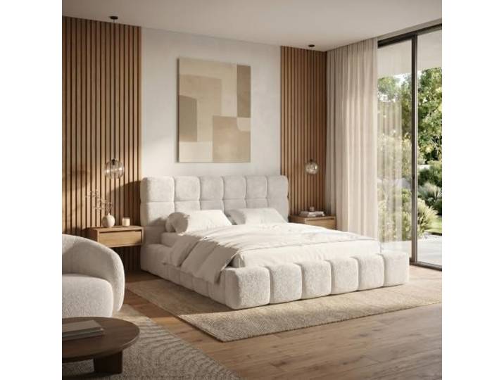 Muffo Amity Maxi Polsterbett Bettkasten 160x200 Weiß Doppelbett, Gasdruckfedern, gepolstertes Kopfteil, Stauraum, Bouclé ABRIAMO, Schlafzimmer, Bettgestell