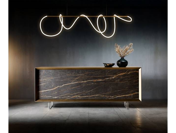 DELIFE Sideboard Yori 200 cm Metallic Gold 2 Türen 3 Schubladen Acrylfuß Keramik Laminam®Noir Desir Braun, Sideboards