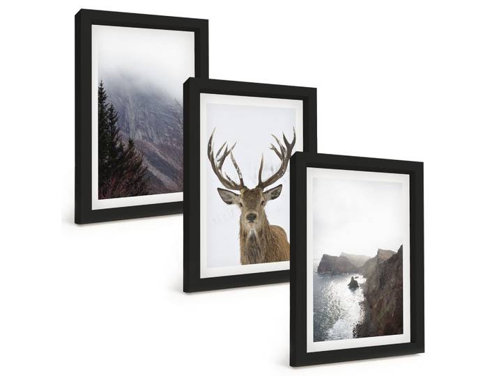 BILDER SET 3er Set - 20x30 cm Schwarzer Rahmen - Berglandschaft mit Hirschen
