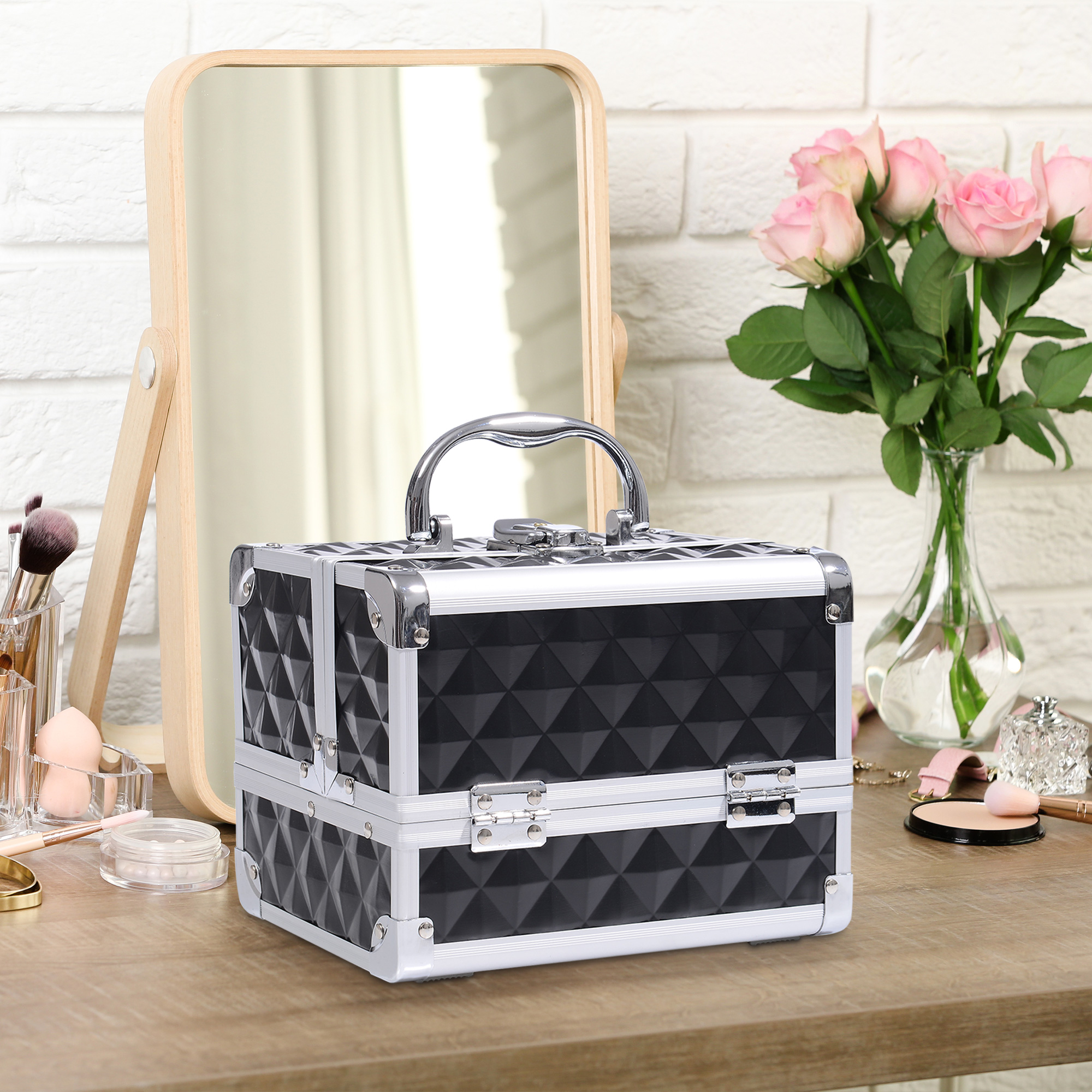 Homcom Valigia per il trucco stoccaggio a 3 livelli con specchio bloccabile con 2 chiavi dim. 20L x 15l x 15H cm nero