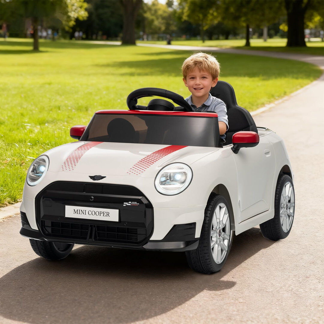 ZACOO MINI COOPER 12V Kids Electric Ride On Car with Remote, Bluetooth, MP3, LED Lights, 2 Modes, Twin Motors, 3‑6km/h, 30KG Load for Ages 3+, SX3518 White
