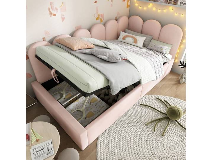 Lit banquette enfant - ZEVKOR - Lit banquette 90×200 cm - Coffre hydraulique - Sommier à lattes métalliques - Velours rose