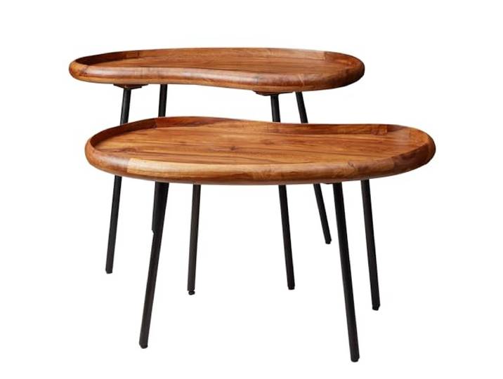 FineBuy Satztisch 2er Set 71x40x51 cm Sheesham Massivholz, Nierentisch Wohnzimmertische im Retro Design mit Metallbeinen, kleine Nierentische aus Echtholz, handgefertigt