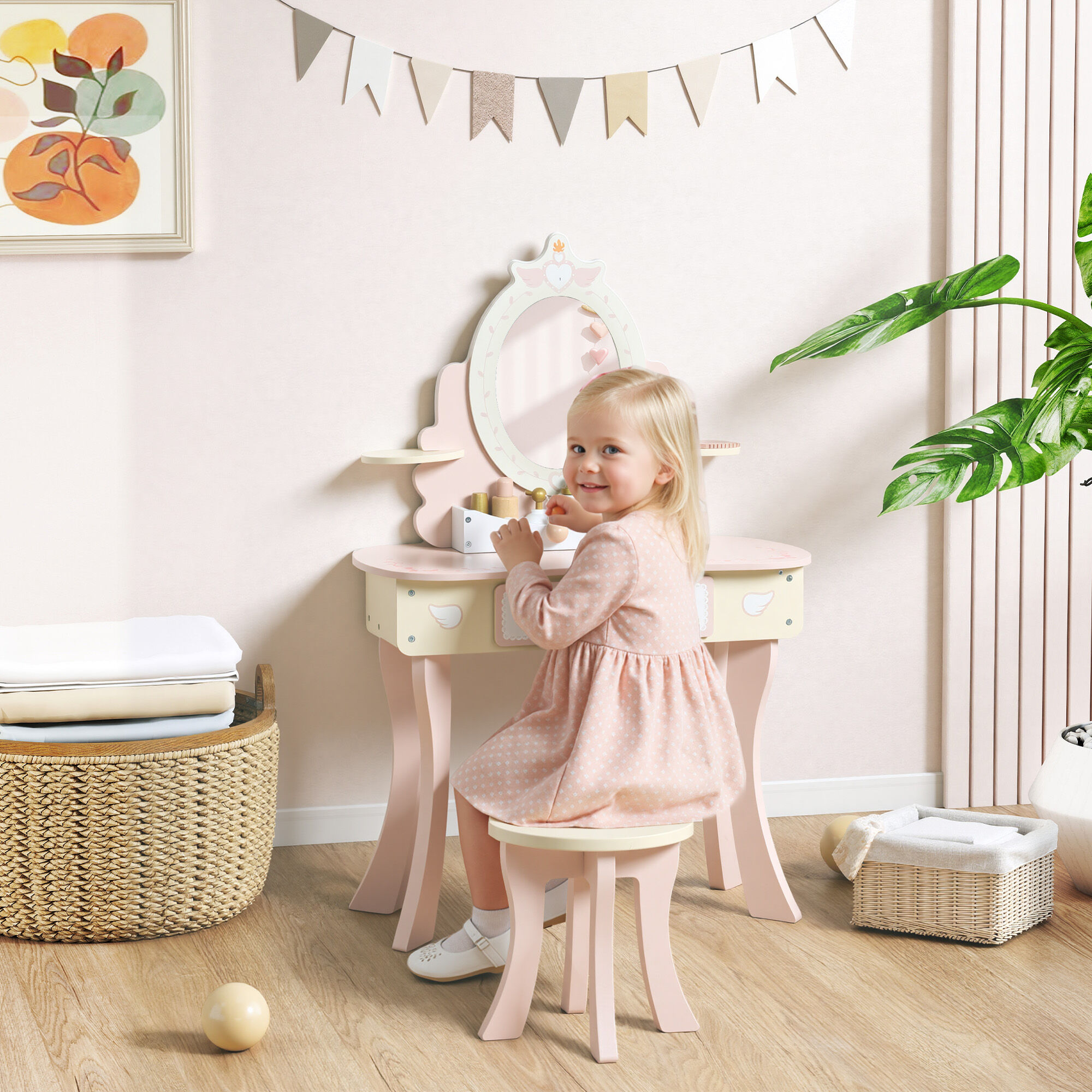 Altro Set Toeletta Con Specchio E Sgabello In Legno 2 In 1 Per Bambini Con 7 Accessori Inclusi, Rosa