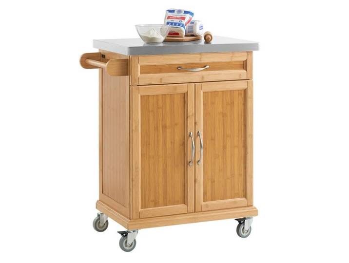SoBuy Desserte de Cuisine À Roulettes en Bambou avec Plateau Inox Tiroir et Placard Meuble Plan de Travail 66x46x92cm