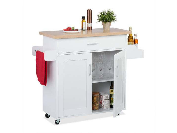 Relaxdays Küchenwagen Weiß auf Rollen mit Arbeitsplatte, Metall, 114.5x90x39.5 cm, Esszimmer, Servierwagen