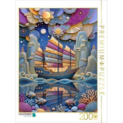 CALVENDO Puzzle Dschunke und Felsen - farbenfrohe Collage | 2000 Teile Lege-Größe 90x67cm Foto-Puzzle für glückliche Stunden