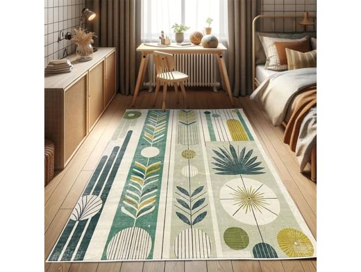 ABAKUHAUS Mid Century Modern Dekorativer Teppich, Naturton Blatt, Hochwertiger Flächenteppich für Schlafzimmer und Wohnzimmer, 60x152 cm, Kalb Teal