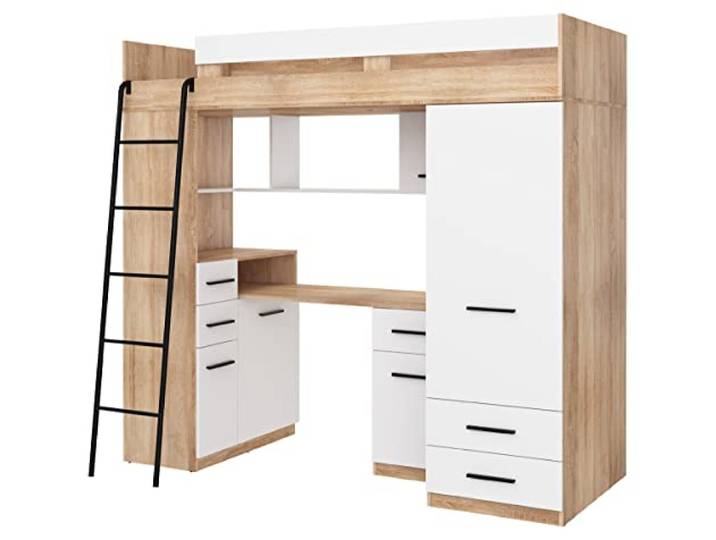 BIM Furniture Hochbett Etagenbett Entresole SMYK L Bett 200x80 cm mit Treppen Kinderbett Kleiderschrank Regal Schreibtisch Kinder Möbel Set Linke Seite (Sonoma Eiche/Weiß)