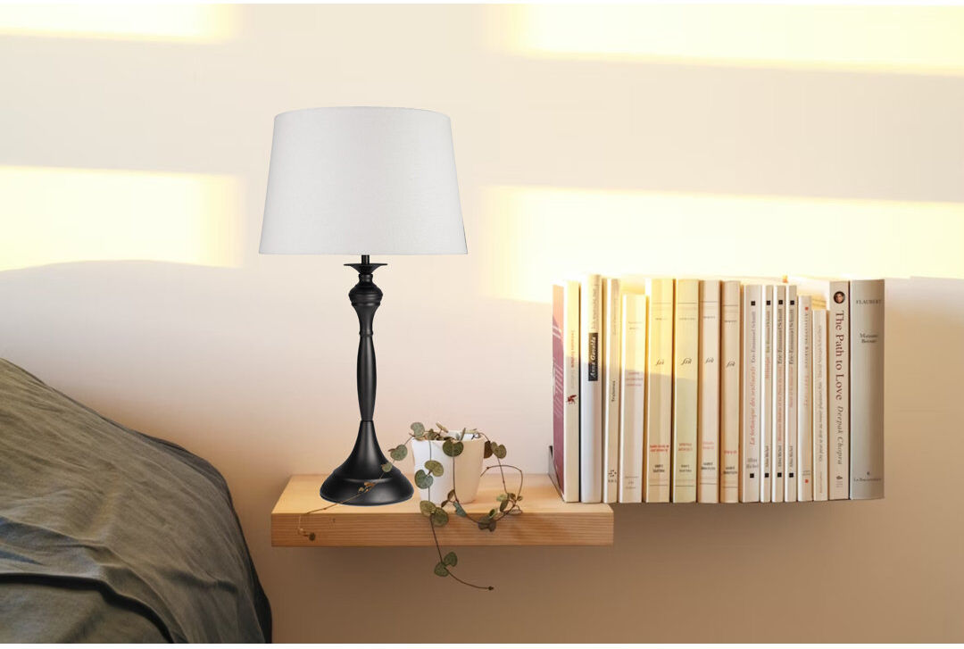 ClassicLiving Antibes Candlestick Style Metal Table Lamp Black/Black Base/Ivory Shade 55cm H x 30cm W x 30cm D
